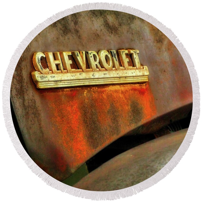 Corrosion Round Beach Towel featuring the photograph Chevy hood by Micah Offman