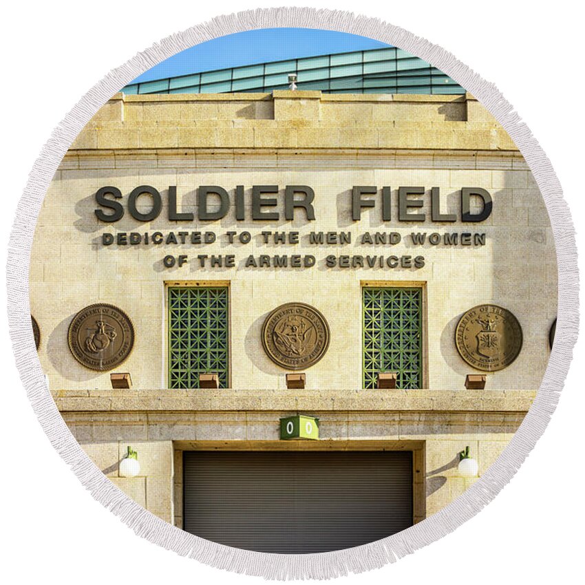 America Round Beach Towel featuring the photograph Chicago Bears Soldier Field Sign Photo by Paul Velgos