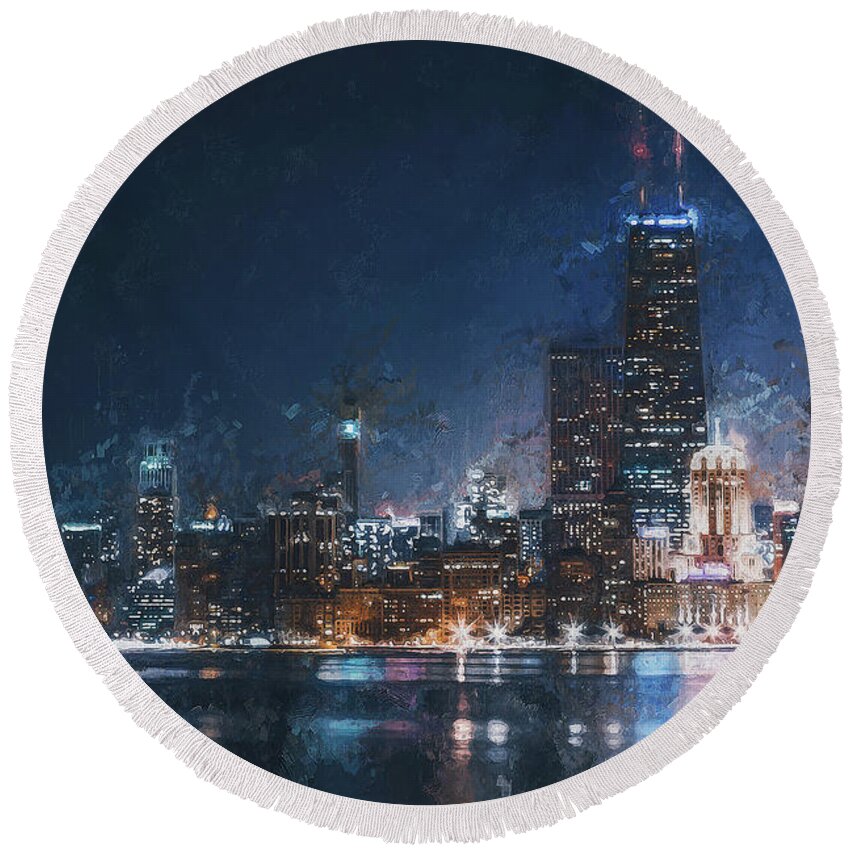 Chicago Round Beach Towel featuring the painting Chicago Panorama - 14 by AM FineArtPrints