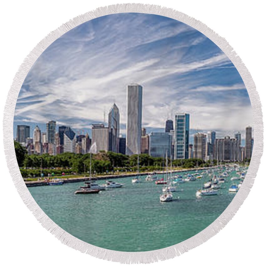 3scape Round Beach Towel featuring the photograph Chicago Skyline Daytime Panoramic by Adam Romanowicz