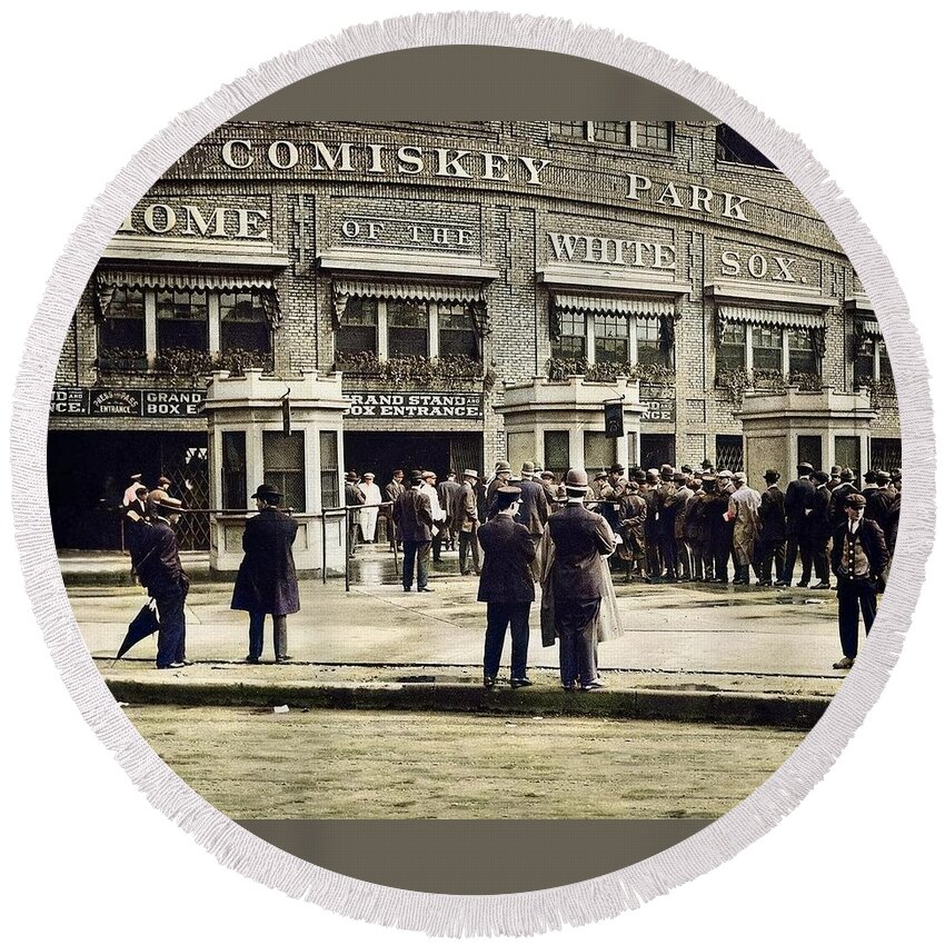 Colorized Round Beach Towel featuring the painting Chicago White Sox Comiskey Park vintage photo print old photograph baseball stadium antique photogra by Celestial Images