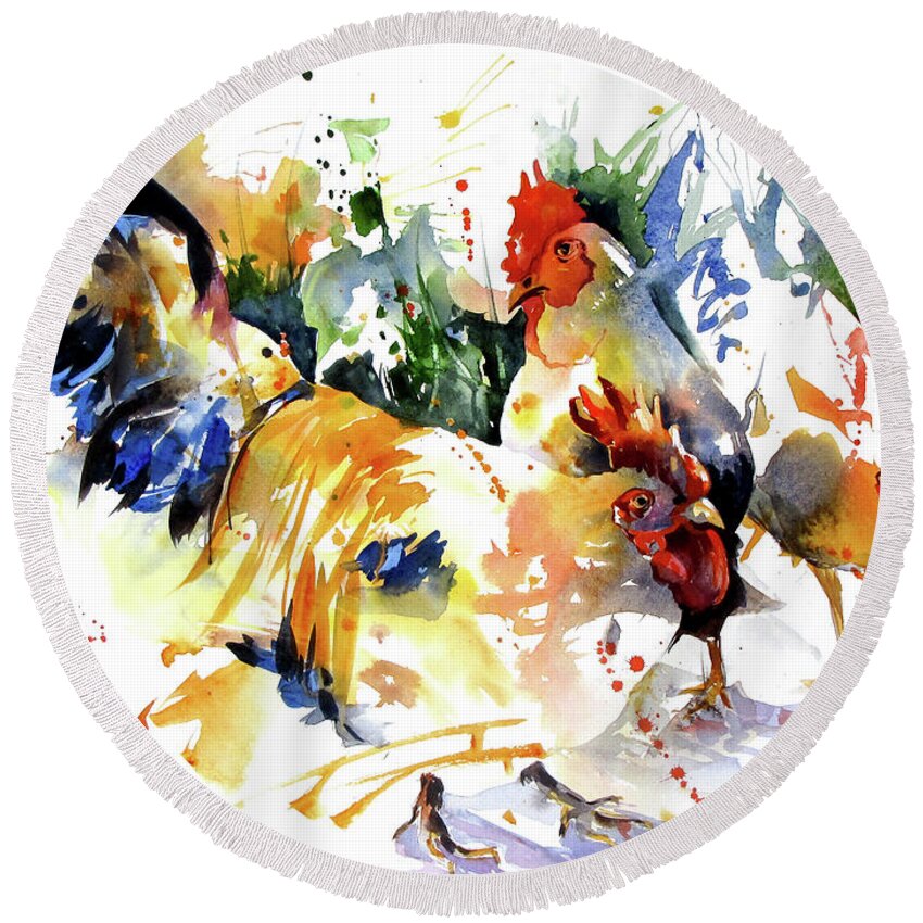 Chickens Round Beach Towel featuring the painting Chicken Hop by Rae Andrews