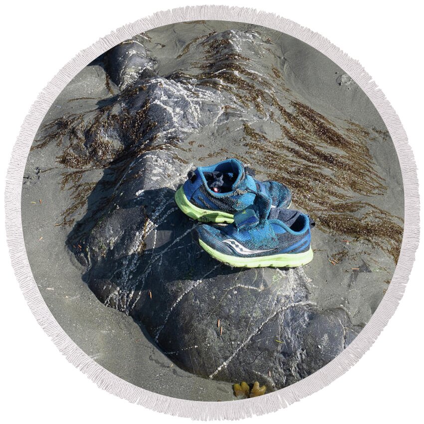 Tofino Round Beach Towel featuring the photograph Child's Shoes by Peggy Blackwell