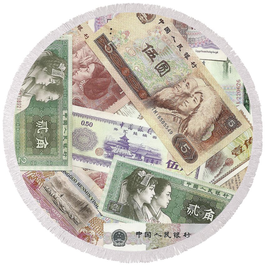 China Round Beach Towel featuring the photograph China yuan and renmin bills by Steve Estvanik