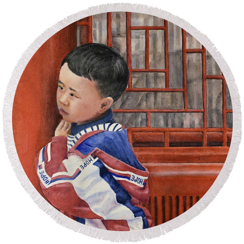 Child Round Beach Towel featuring the painting China's Future Shadowed by its Past by Wendy Keeney-Kennicutt