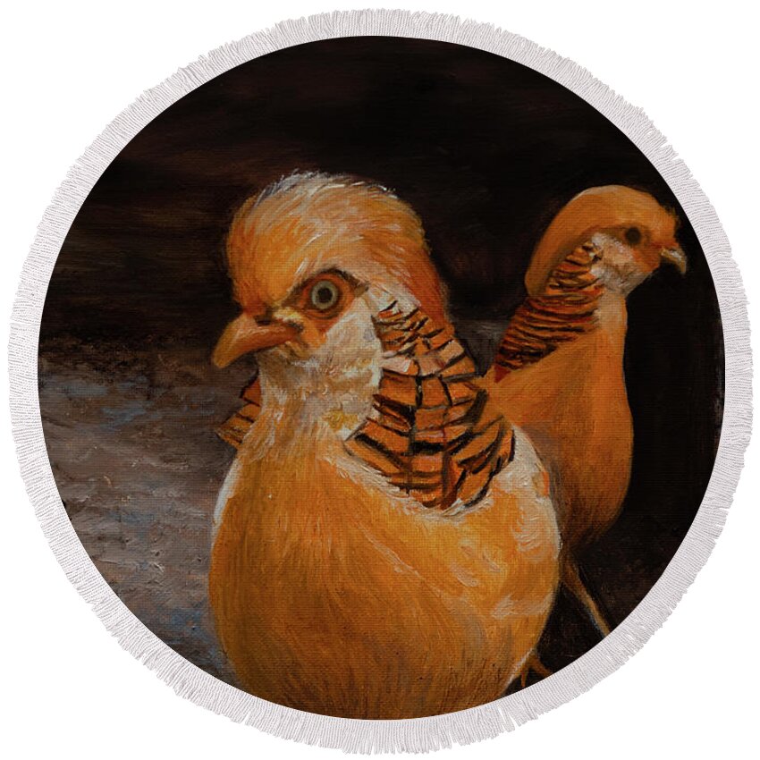 Golden Pheasant Similar To A Chicken Round Beach Towel featuring the painting Chinese Golden Pheasant by Kathy Knopp