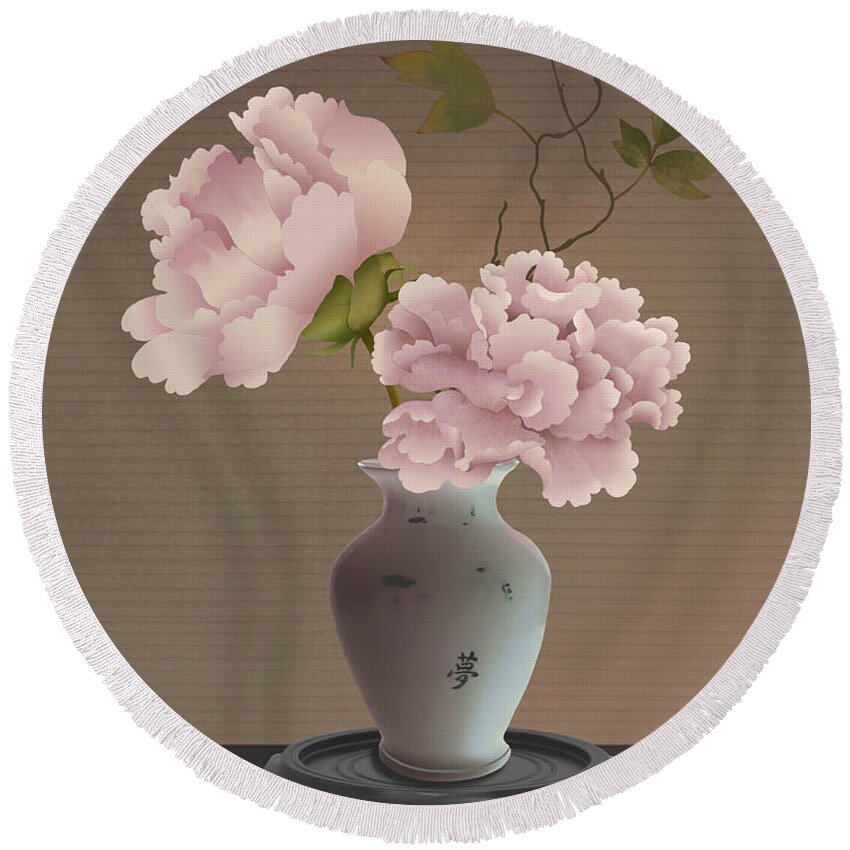 Flowers Round Beach Towel featuring the mixed media Chinese Pink Peonies in Vase by M Spadecaller