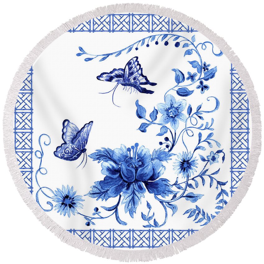 Butterflies Round Beach Towel featuring the painting Chinoiserie Blue and White Pagoda with Stylized Flowers Butterflies and Chinese Chippendale Border by Audrey Jeanne Roberts