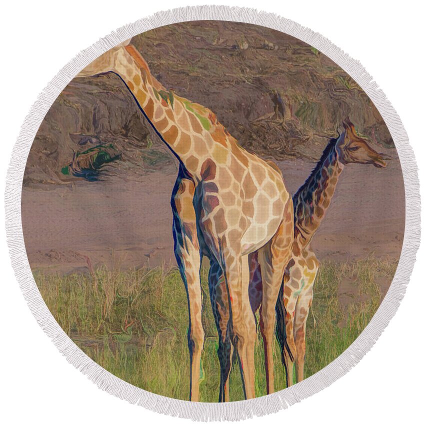  Round Beach Towel featuring the photograph Chobe Giraffes, Painterly by Marcy Wielfaert