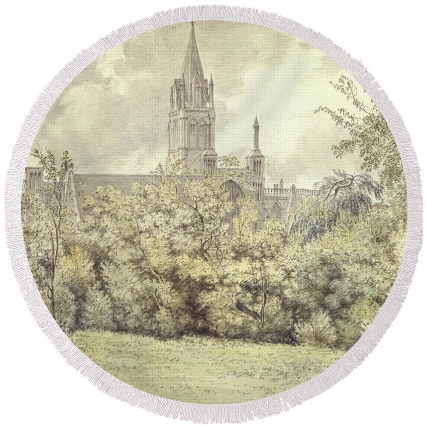 Grass Round Beach Towel featuring the painting Christ Church Cathedral From The Deans Garden, 10 June 1775 Watercolor by John Baptist Malchair
