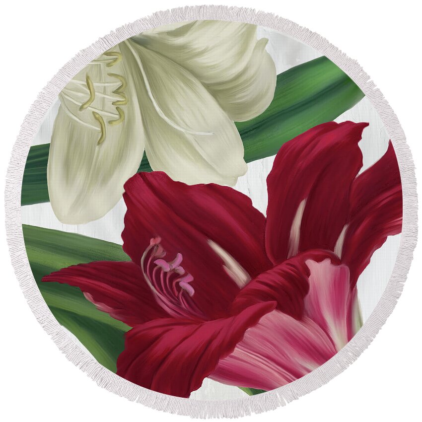 Amaryllis Round Beach Towel featuring the painting Christmas Amaryllis I by Mindy Sommers