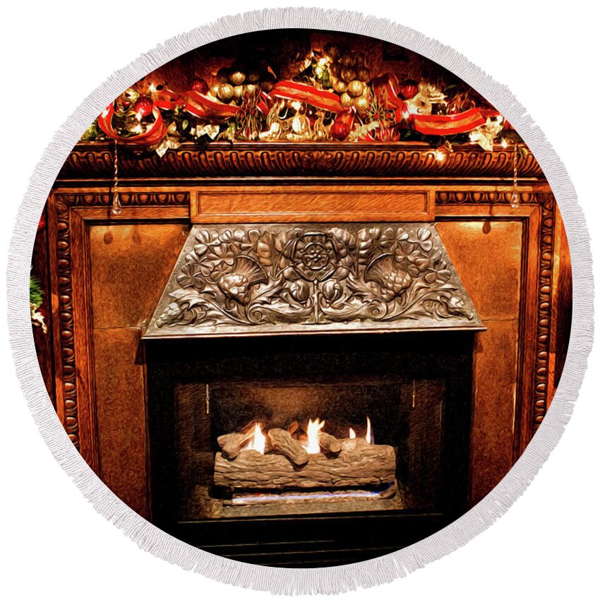 Lights Round Beach Towel featuring the photograph Christmas Fireplace by Joann Copeland-Paul