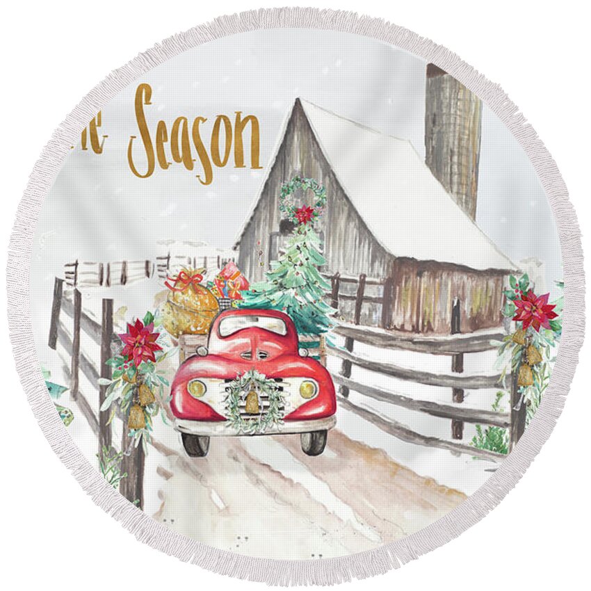 Christmas Round Beach Towel featuring the mixed media Christmas On The Farm by Patricia Pinto