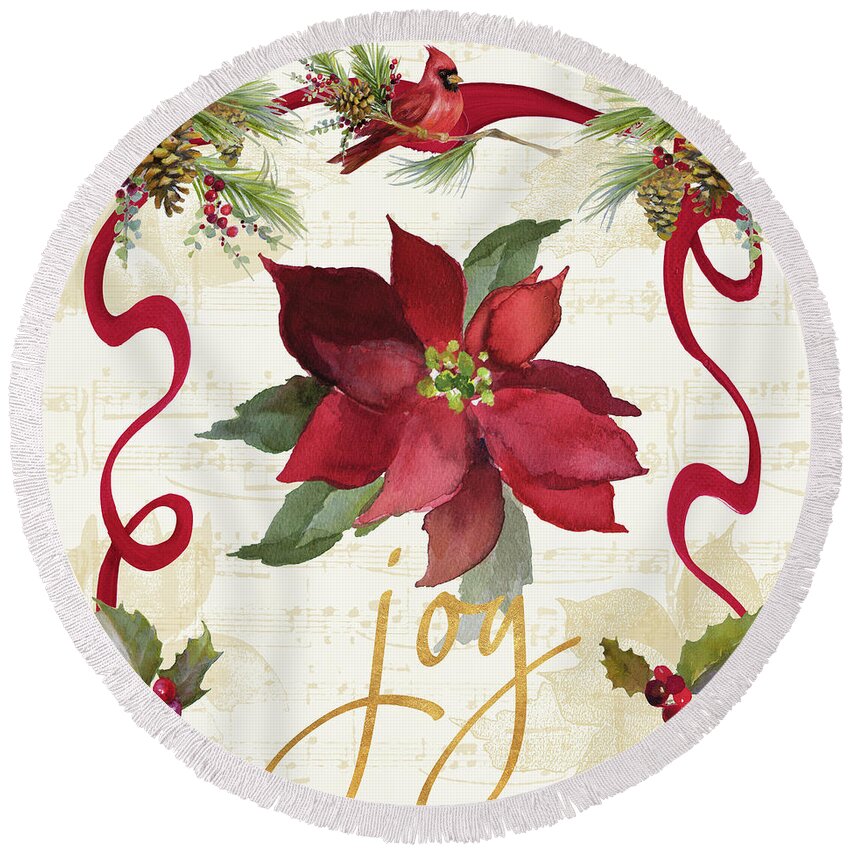 Christmas Round Beach Towel featuring the mixed media Christmas Poinsettia Ribbon Iv by Lanie Loreth