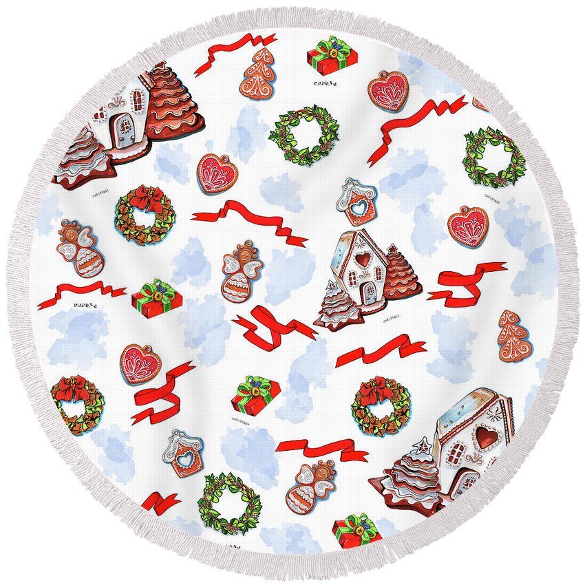 Collection Round Beach Towel featuring the drawing Christmas time pattern by Ariadna De Raadt