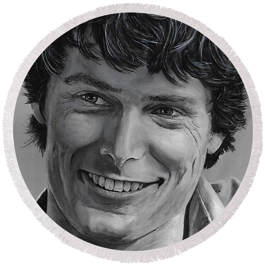 Christopher Reeve Round Beach Towel featuring the painting Christopher Reeve by Matthew Mezo