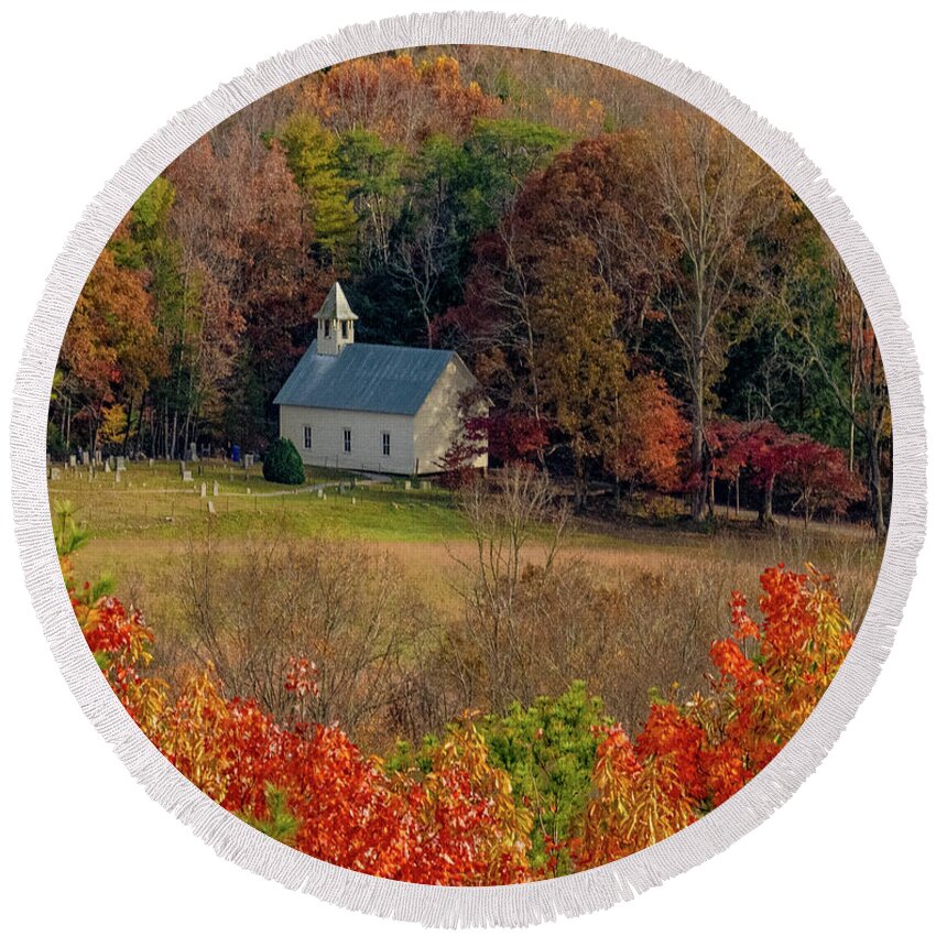 Cades Cove Round Beach Towel featuring the photograph Church in the Cove, Vertical View by Marcy Wielfaert