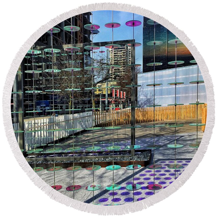 Glass Round Beach Towel featuring the photograph Patterns of Glass Disk Reflections by Jerry Abbott
