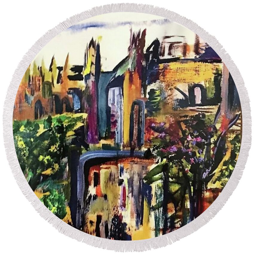 City Round Beach Towel featuring the painting City Arches by Tommy McDonell