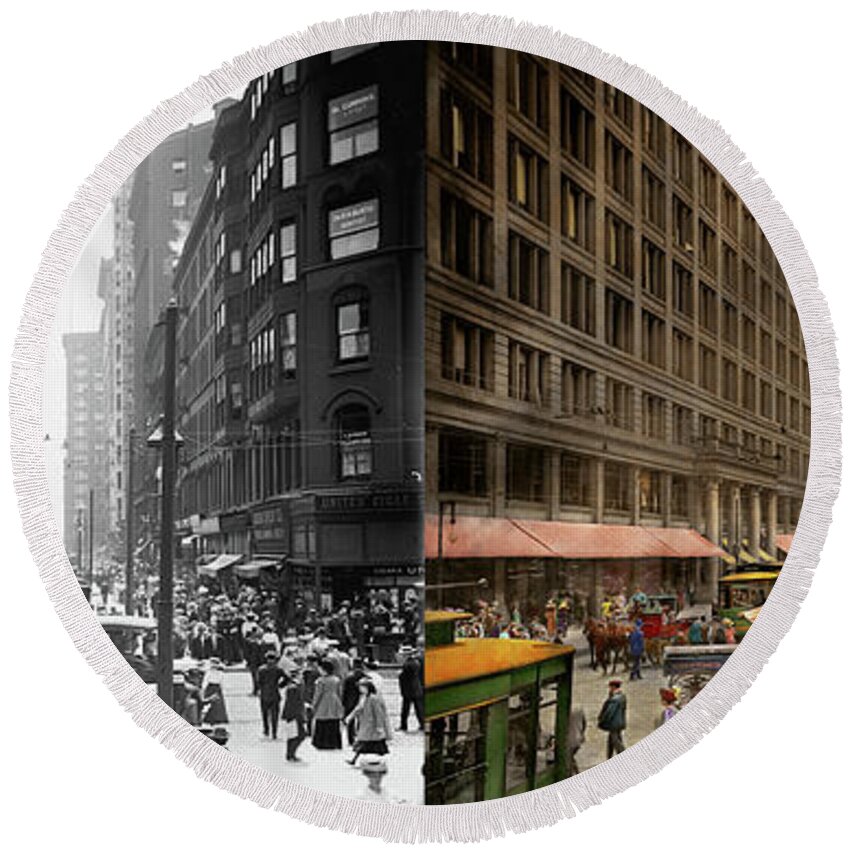 Chicago Round Beach Towel featuring the photograph City - Chicago IL - Marshall Fields Company 1911 - Side by Side by Mike Savad