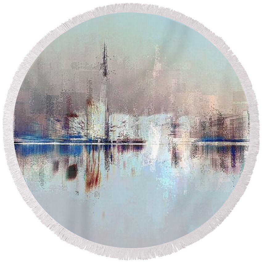 Cityscape Round Beach Towel featuring the digital art City of Pastels by David Manlove