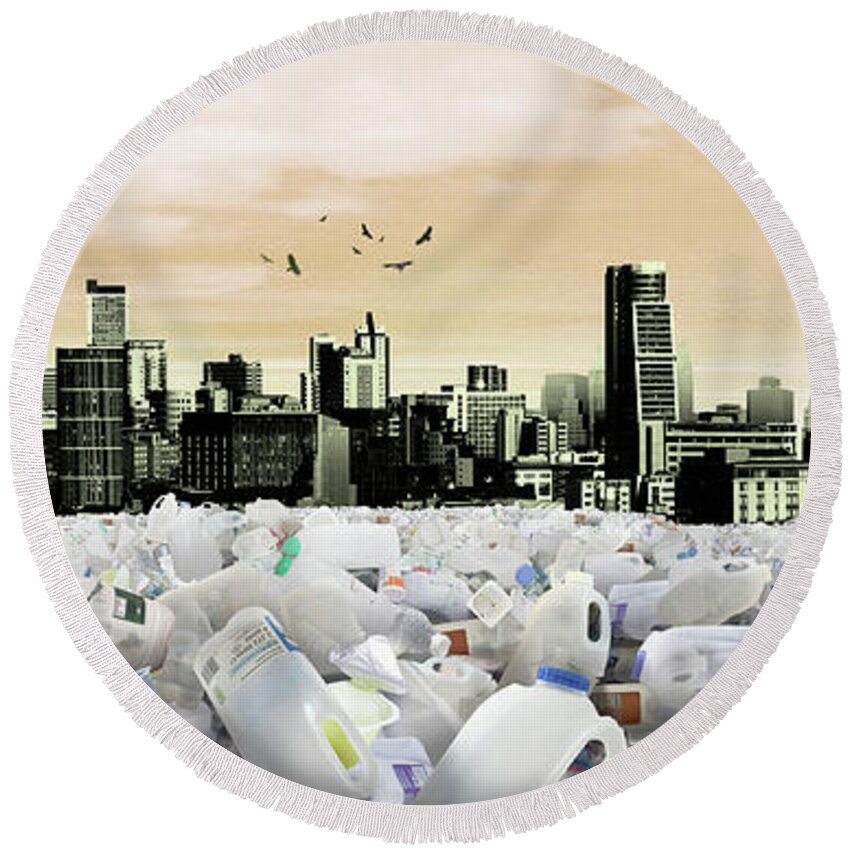 Animal Round Beach Towel featuring the photograph Cityscape Drowning In Plastic Waste by Ikon Images