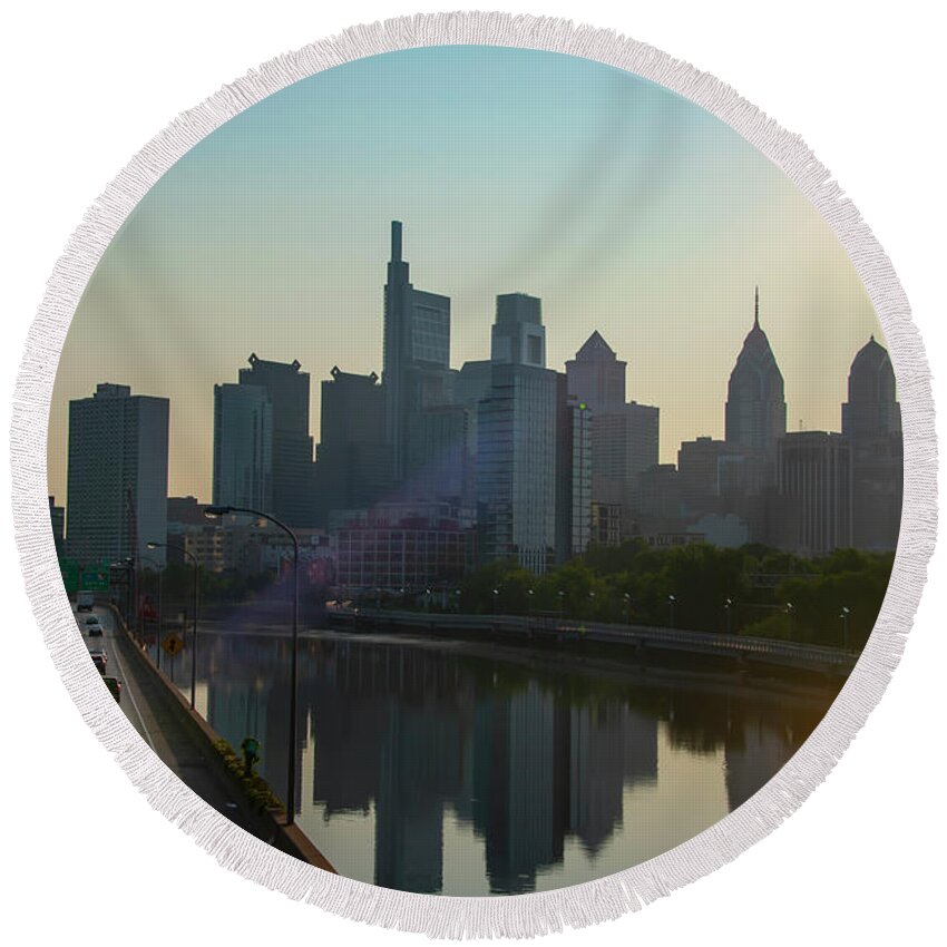 Cityscape Round Beach Towel featuring the photograph Cityscape Sunrise - Philadelphia from South Street by Bill Cannon