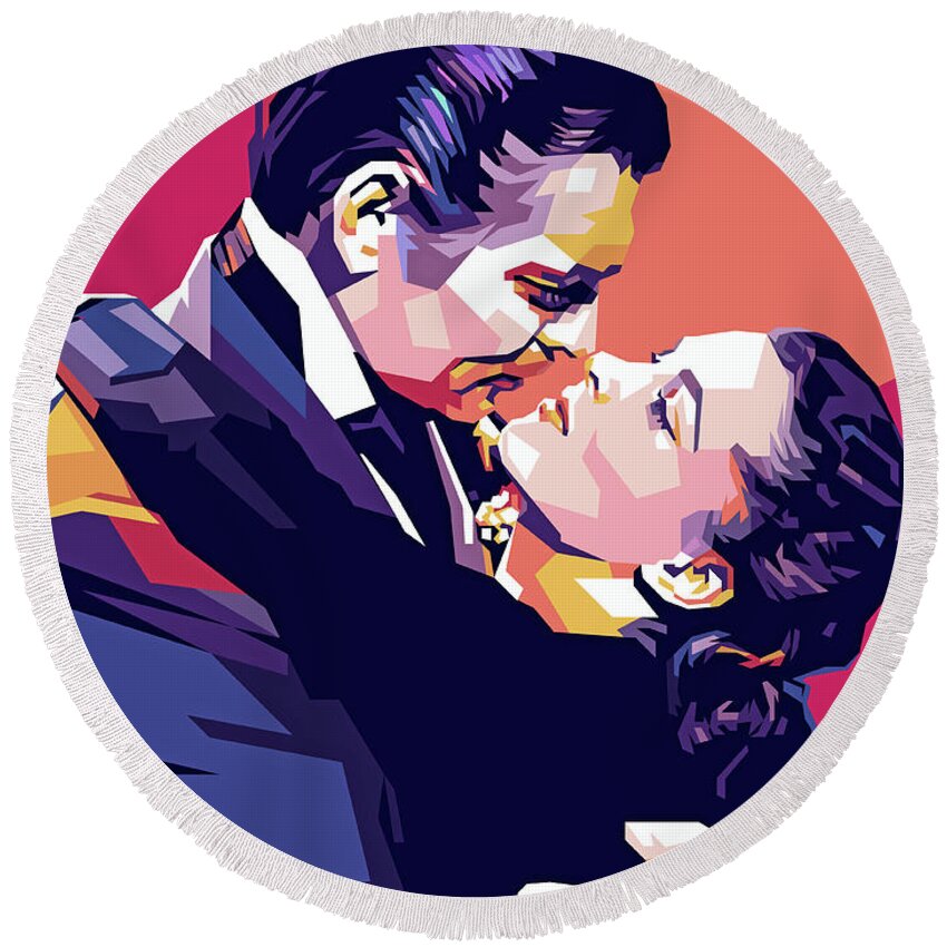 Synopsis Round Beach Towel featuring the digital art Clark Gable and Vivien Leigh - b1 by Movie World Posters