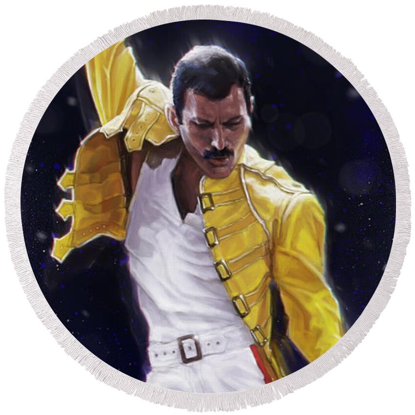 Freddie Mercury Round Beach Towel featuring the digital art Classic Freddie by Andre Koekemoer