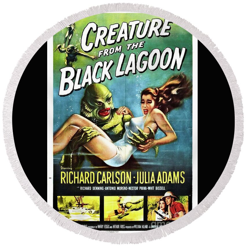 Poster Round Beach Towel featuring the painting Classic Movie Poster - Creature From the Black Lagoon by Esoterica Art Agency