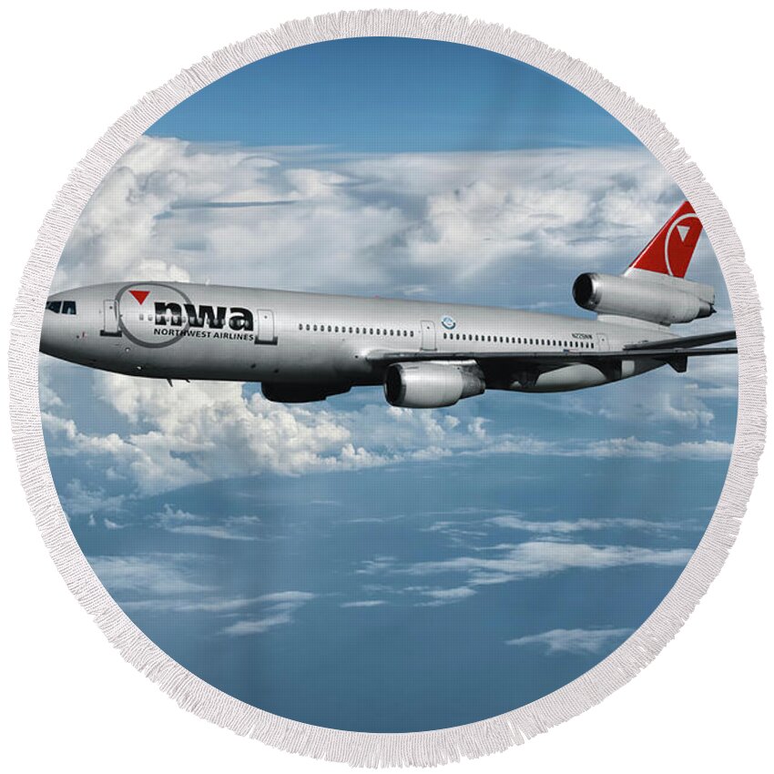 Northwest Airlines Round Beach Towel featuring the mixed media Classic Northwest Airlines DC-10-30 by Erik Simonsen