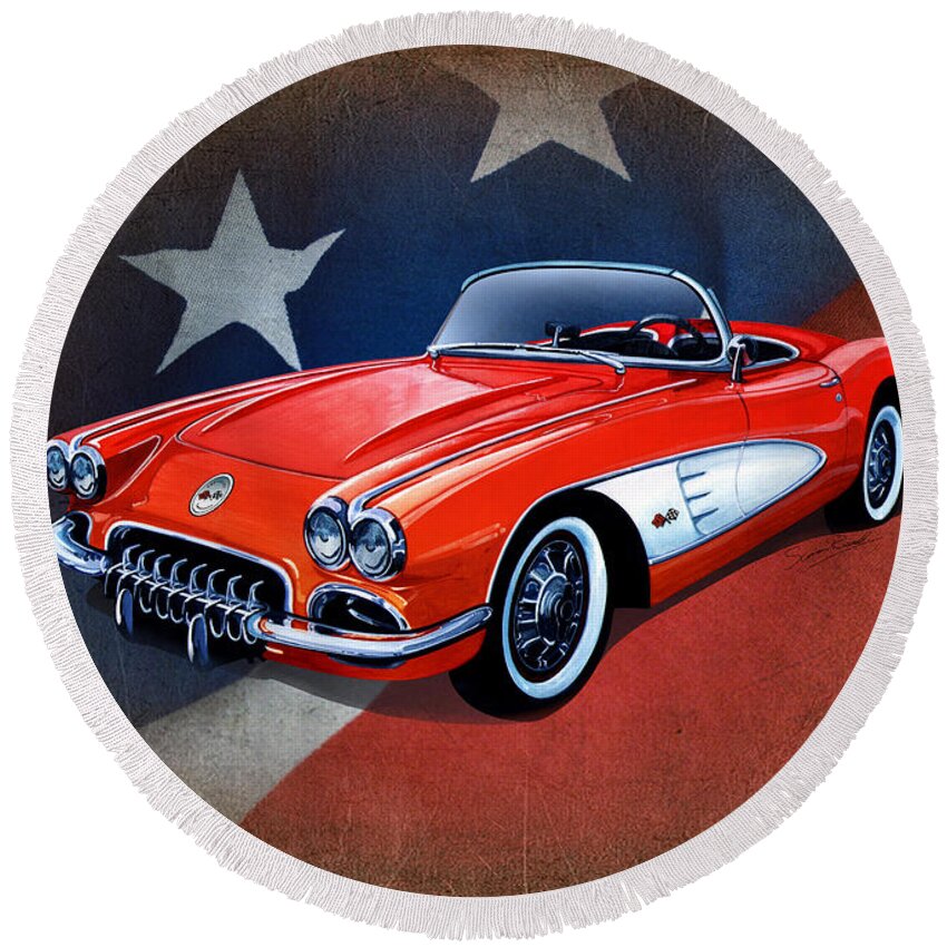 Art Round Beach Towel featuring the mixed media Classic Red Corvette C1 by Simon Read