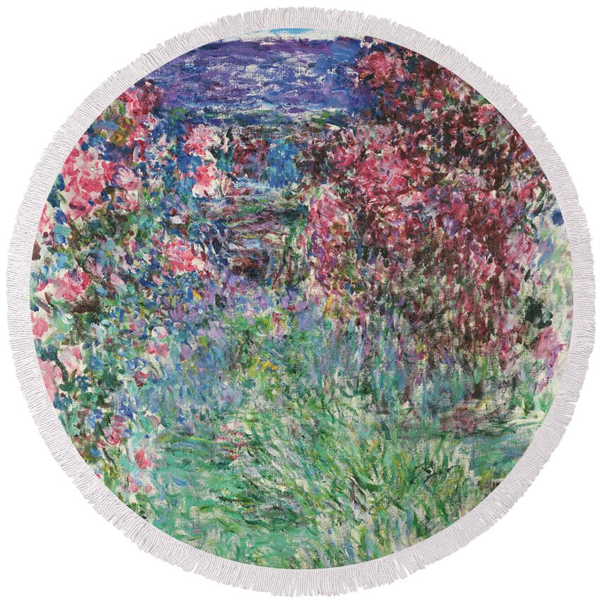 Canvas Round Beach Towel featuring the painting Claude Monet -Paris, 1840-Giverny, 1926-. The House among the Roses -1925-. Oil on canvas. 92.3 x... by Claude Monet -1840-1926-