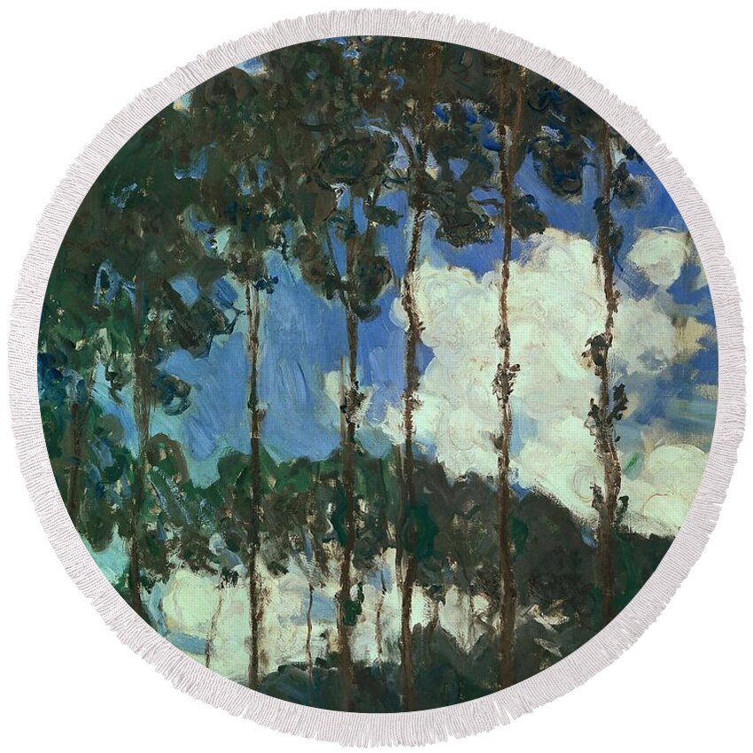 Claude Monet Round Beach Towel featuring the painting Claude Monet / 'Poplars on the Epte', 1891, Oil on canvas, 92.4 x 73.7 cm. by Claude Monet -1840-1926-