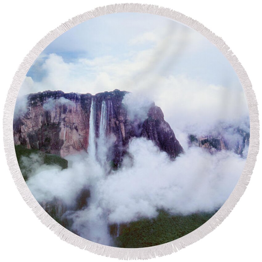 Dave Welling Round Beach Towel featuring the photograph Clouds Cover Angel Falls In Canaima Np Venezuela by Dave Welling