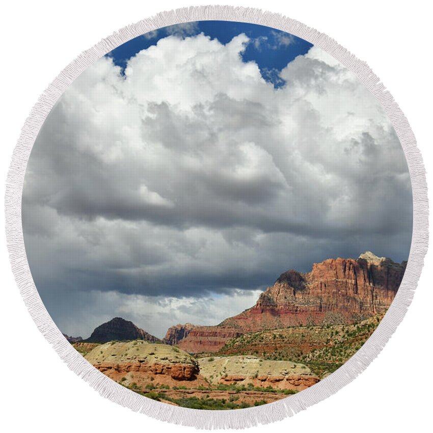 Zion National Park Round Beach Towel featuring the photograph Clouds over Backside of Zion Canyon by Ray Mathis
