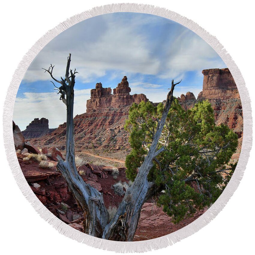 Valley Of The Gods Round Beach Towel featuring the photograph Clouds over Valley of the Gods by Ray Mathis