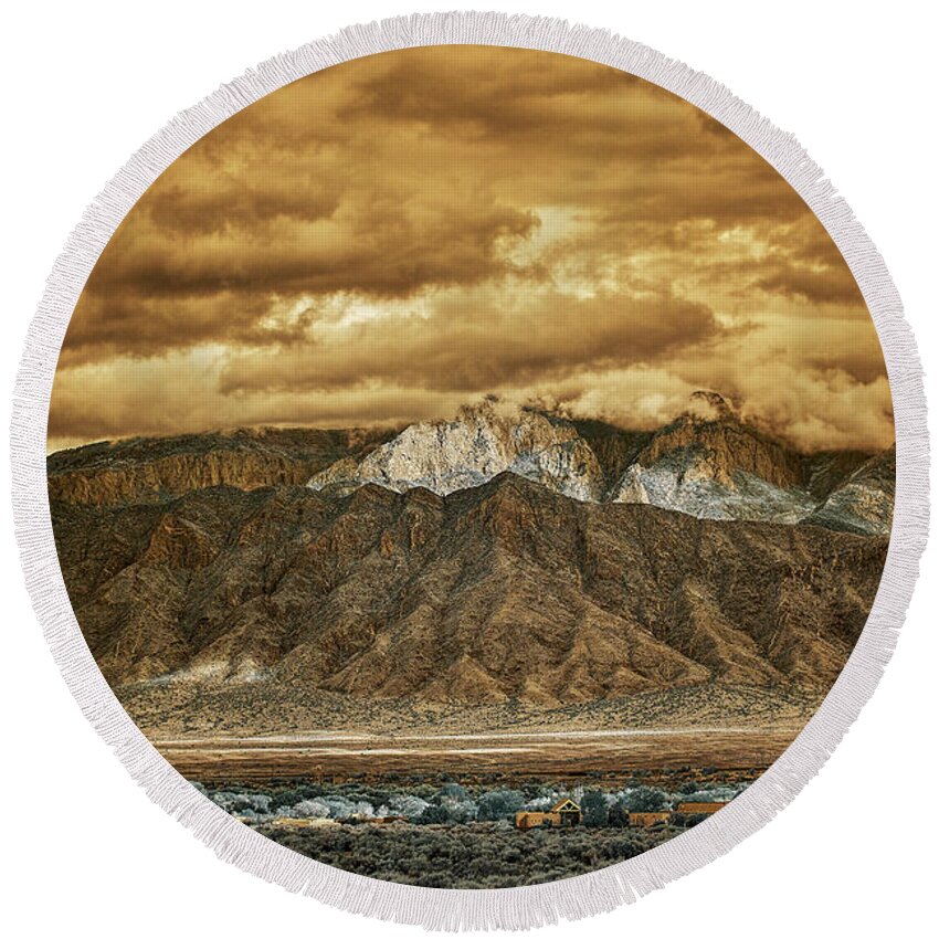 Mountain Round Beach Towel featuring the photograph Cloudy Day Over the Sandias by Michael McKenney