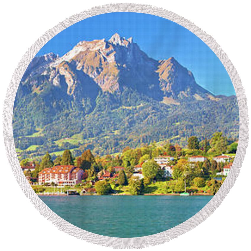 Lucerne Round Beach Towel featuring the photograph Coast of Lake Lucerne and Pilatus mountain panoramic view by Brch Photography