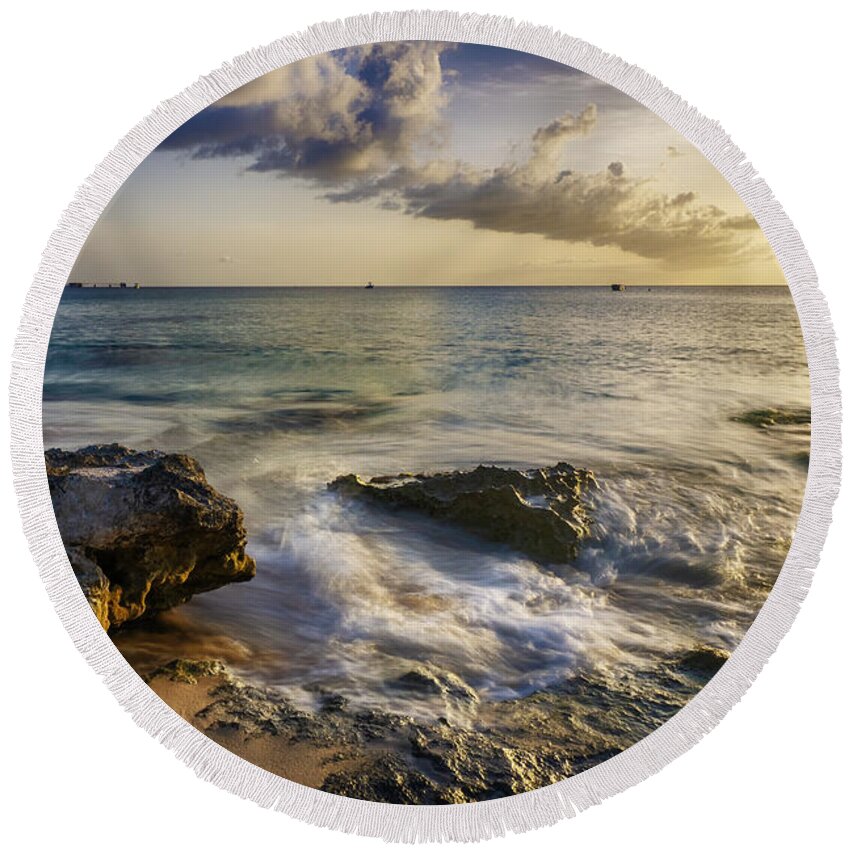 Beach Round Beach Towel featuring the photograph Coconuts Beach Waves at Sunset by Amanda Jones