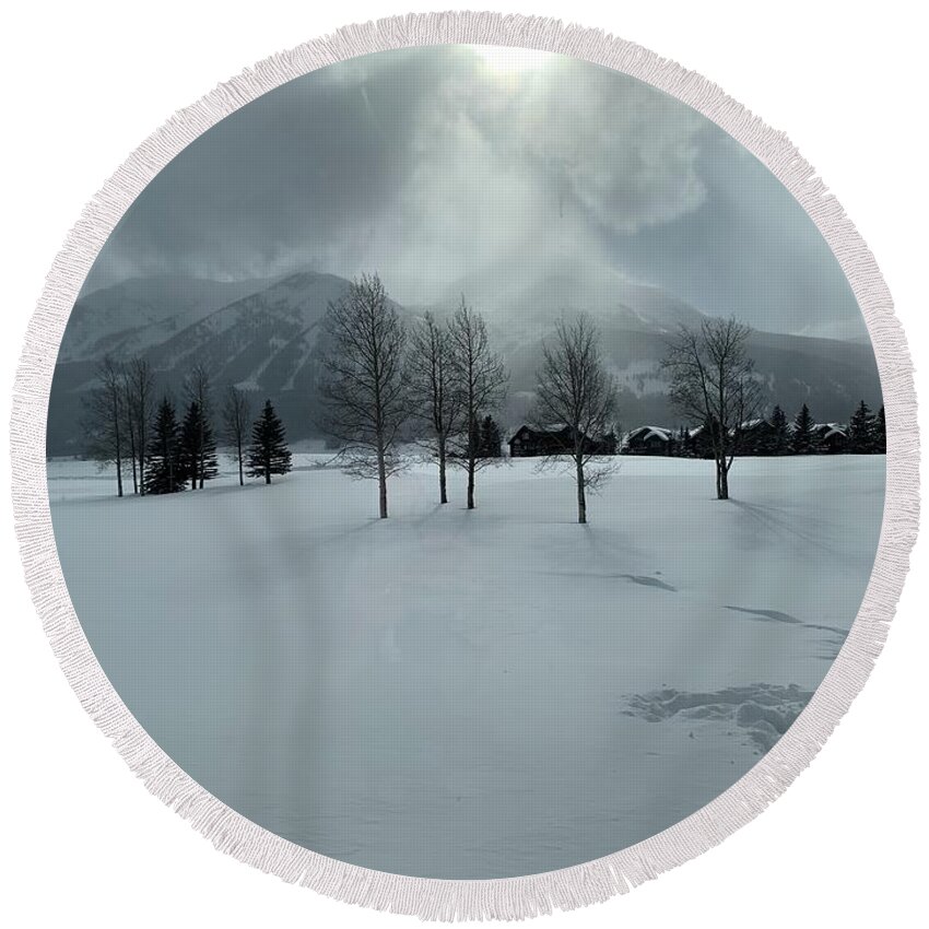 Landscape Round Beach Towel featuring the photograph Colorado snow day by Colette Lee