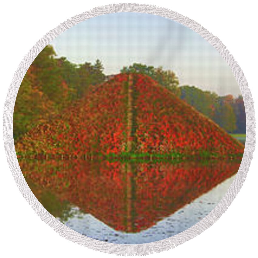 Landscape Park Round Beach Towel featuring the photograph Colored lake pyramid by Sun Travels