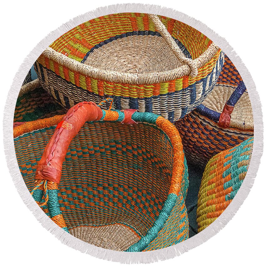 Baskets Round Beach Towel featuring the photograph Colorful Baskets from Nurenberg Market by Peggy Dietz