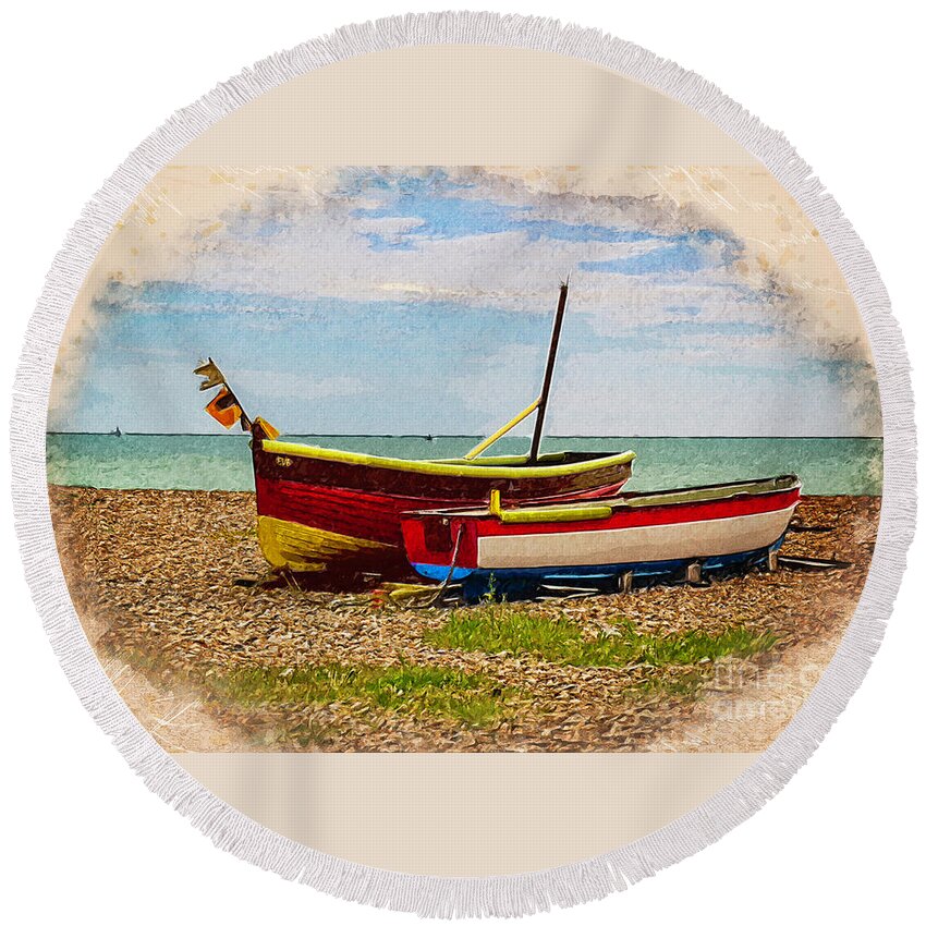 Boats Round Beach Towel featuring the photograph Colorful Boats on Beach by Roslyn Wilkins
