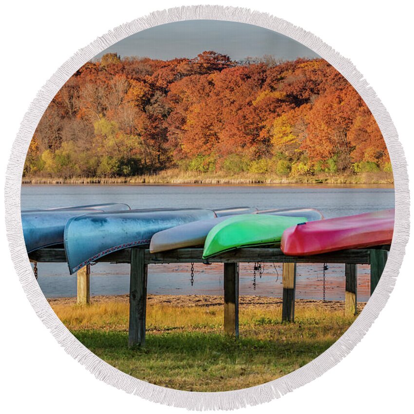 Canoes Round Beach Towel featuring the photograph Colorful Canoes by Patti Deters