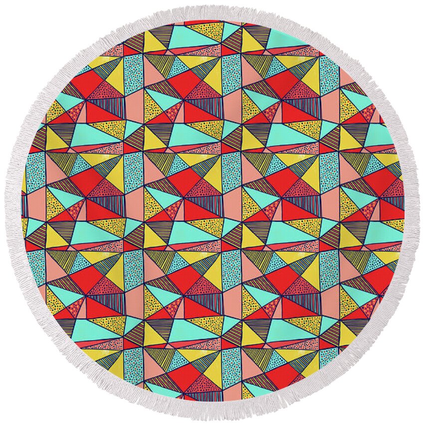 Pattern Round Beach Towel featuring the painting Colorful Geometric Abstract Pattern by Jen Montgomery