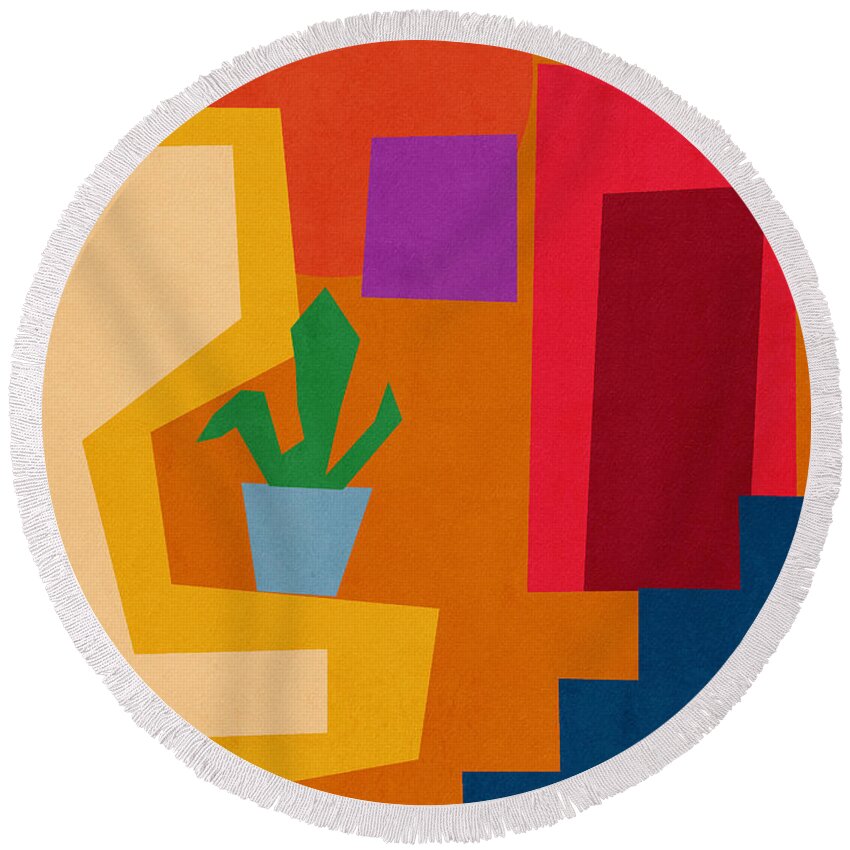 Modern Round Beach Towel featuring the mixed media Colorful Geometric House 1- Art by Linda Woods by Linda Woods
