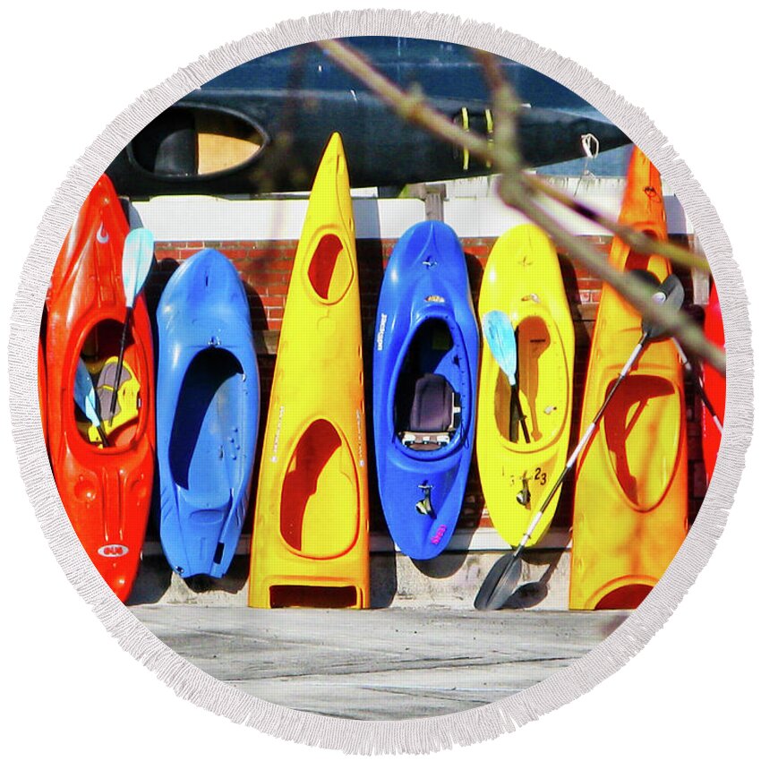 Boats Round Beach Towel featuring the photograph Colorful kayaks on rooftop, Lake Washington, Seattle by Segura Shaw Photography