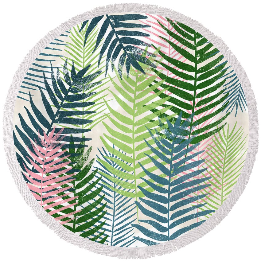 Tropical Round Beach Towel featuring the mixed media Colorful Palm Leaves 2- Art by Linda Woods by Linda Woods