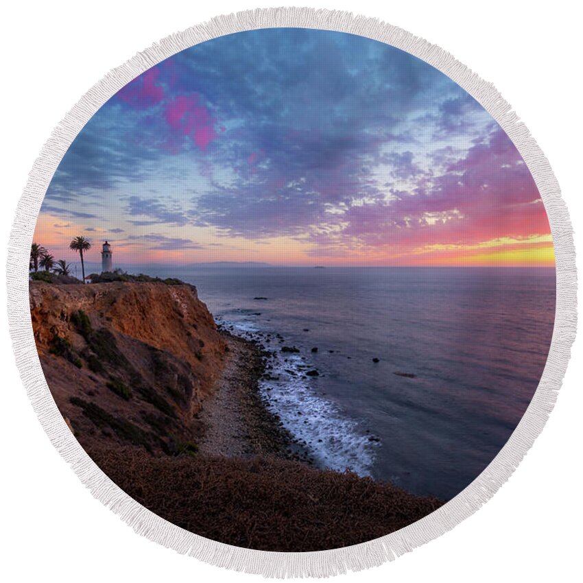 Architecture Round Beach Towel featuring the photograph Colorful Sky after Sunset at Point Vicente Lighthouse by Andy Konieczny
